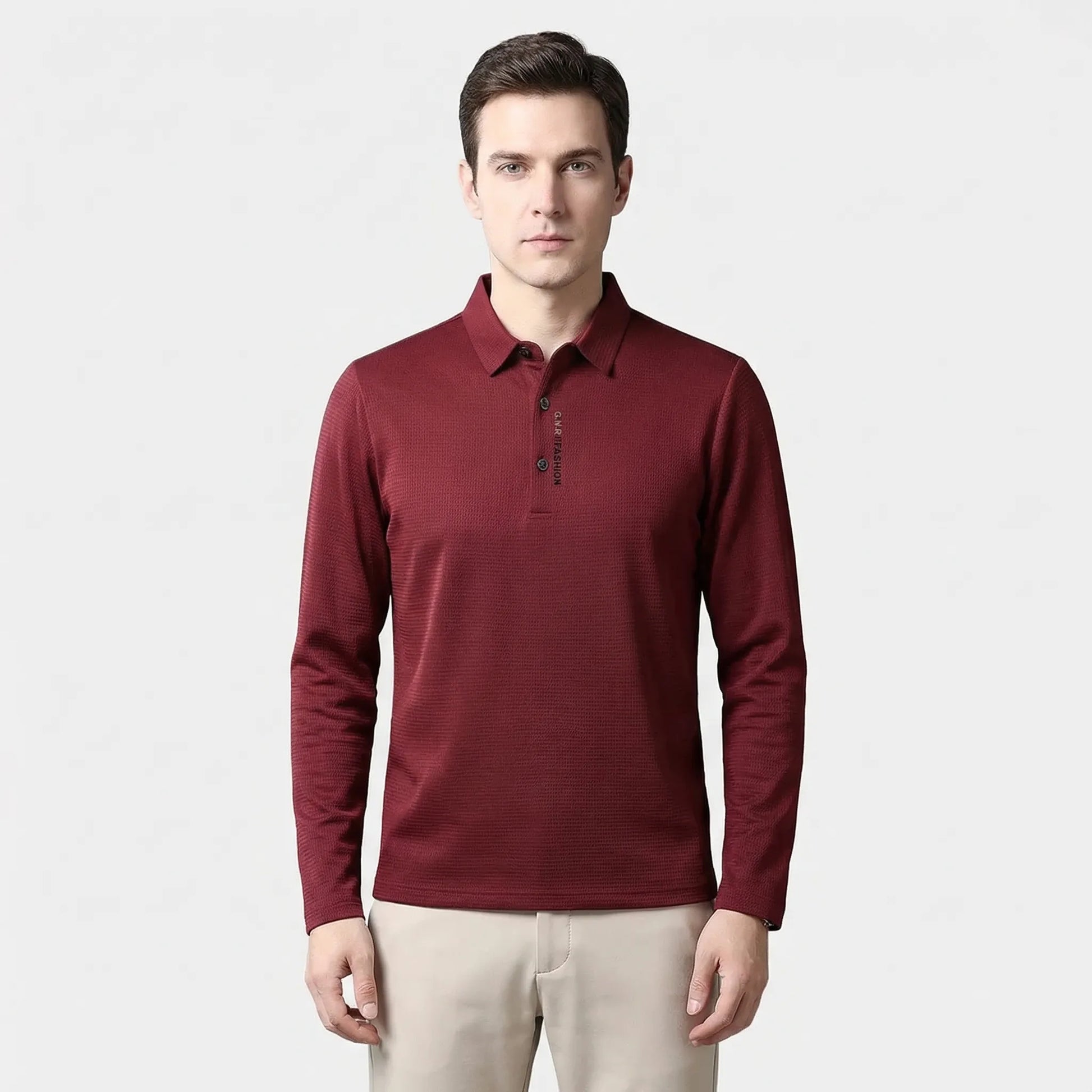 Wafflonix - Long Sleeve Waffle Texture Polo Shirt  Casual Everyday Wear