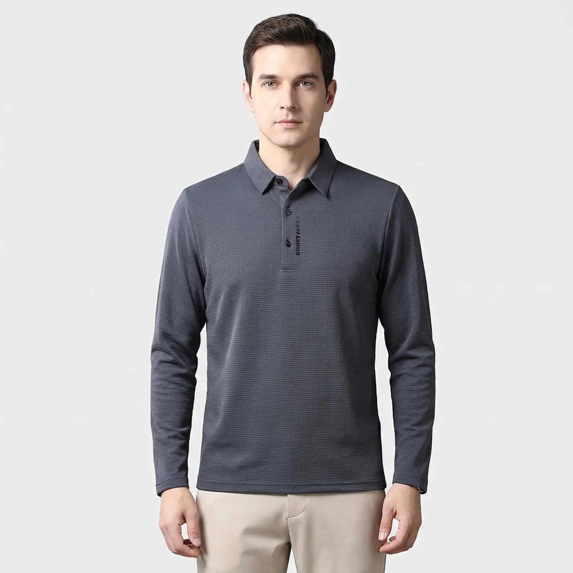 Wafflonix - Long Sleeve Waffle Texture Polo Shirt  Casual Everyday Wear