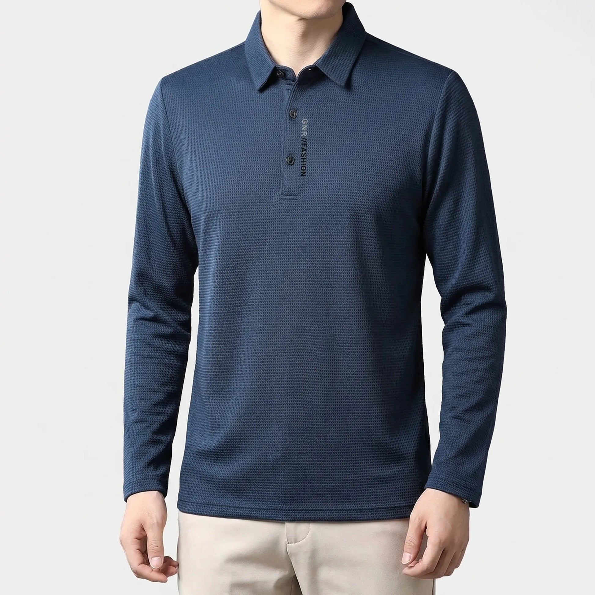 Wafflonix - Long Sleeve Waffle Texture Polo Shirt  Casual Everyday Wear
