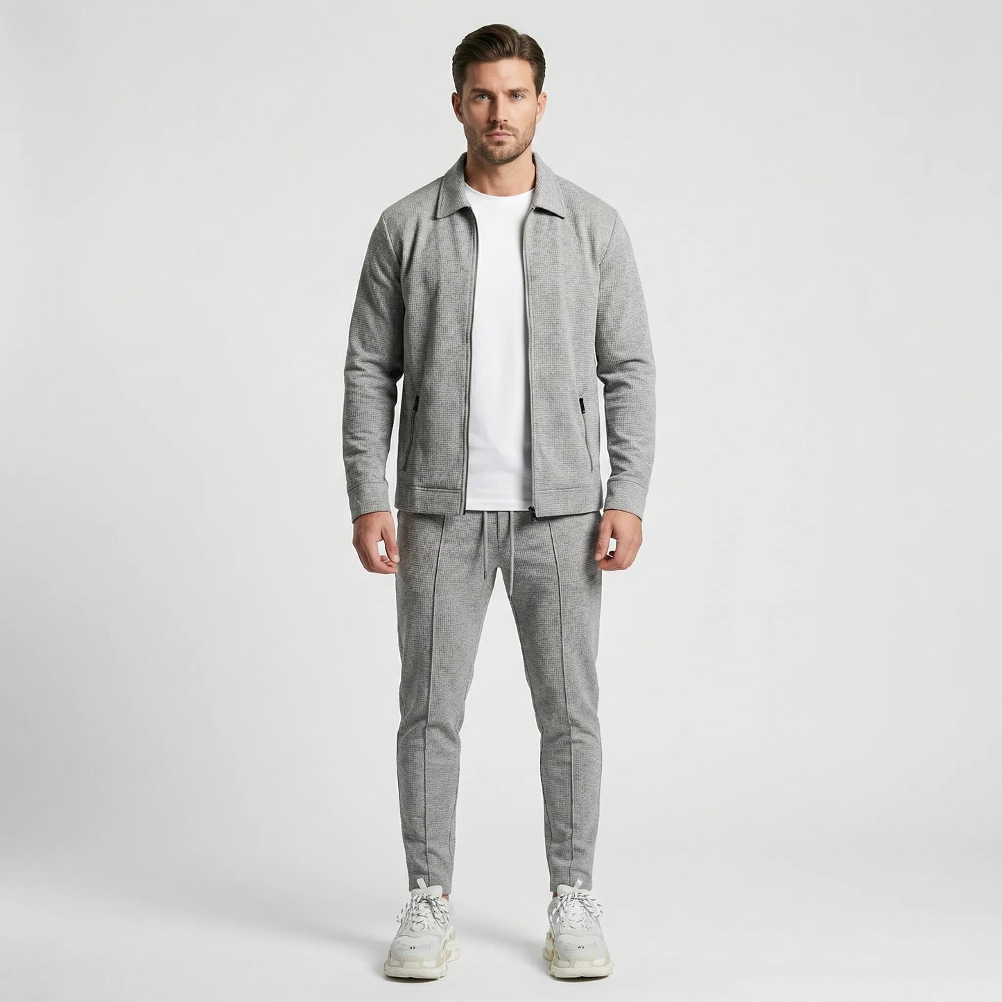 Waffrex - Waffle-Textured Zip-Up Jacket And Trouser Set  Casual Everyday Wear