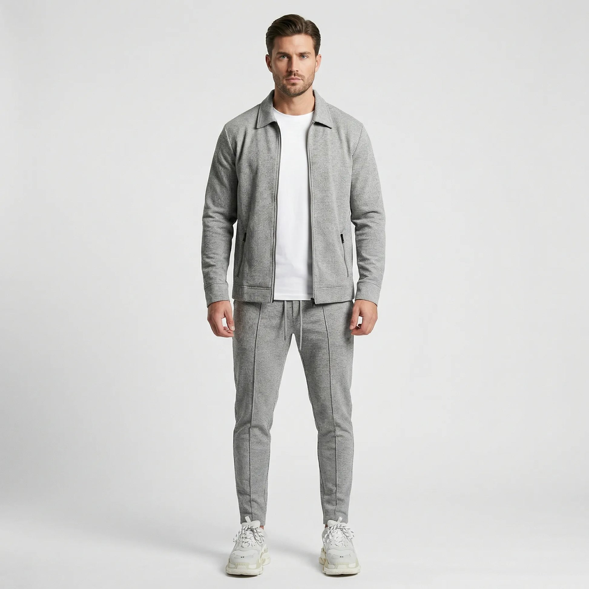 Waffrex - Waffle-Textured Zip-Up Jacket And Trouser Set  Casual Everyday Wear