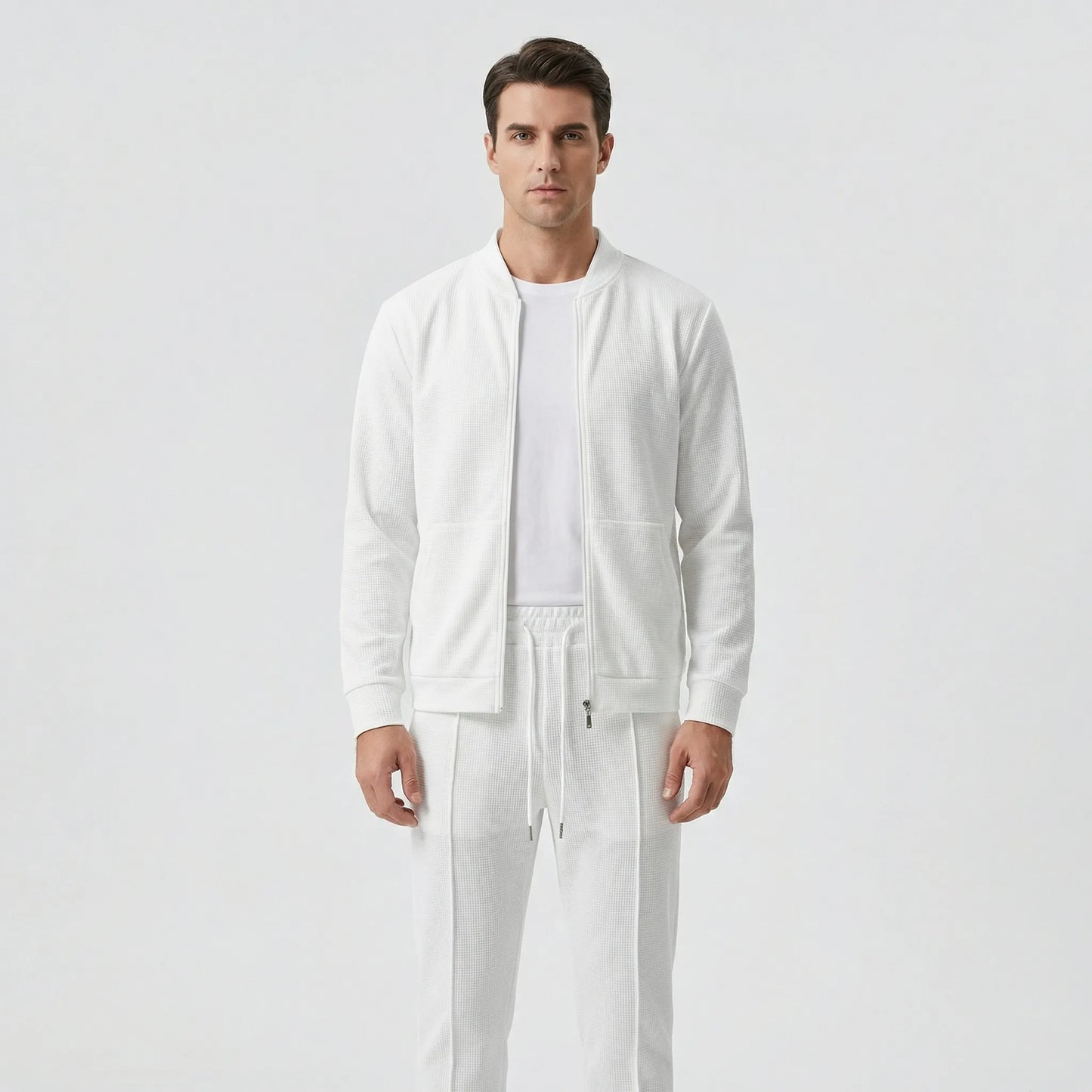 Waffrex - Waffle-Textured Zip-Up Jacket And Trouser Set  Casual Everyday Wear