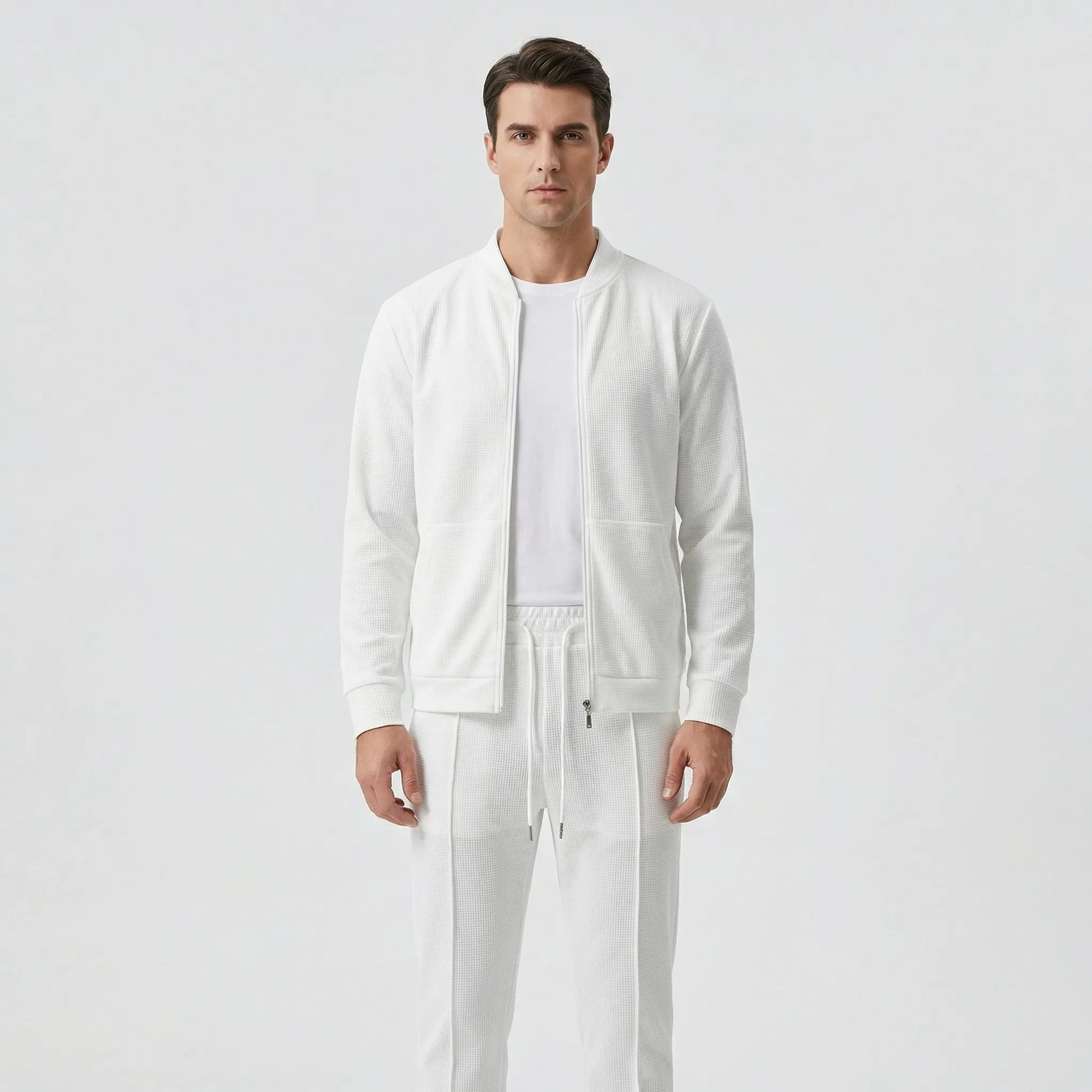 Waffrex - Waffle-Textured Zip-Up Jacket And Trouser Set  Casual Everyday Wear
