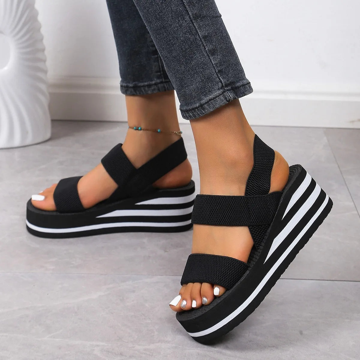 Women's Platform Wedge Sandals | Open Toe Slingback | Lightweight Thick Sole | Elastic Comfort Straps | Steven & Levon