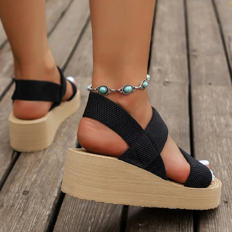 Women's Platform Wedge Sandals | Open Toe Slingback | Lightweight Thick Sole | Elastic Comfort Straps | Steven & Levon