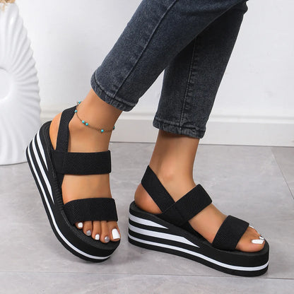 Women's Platform Wedge Sandals | Open Toe Slingback | Lightweight Thick Sole | Elastic Comfort Straps | Steven & Levon