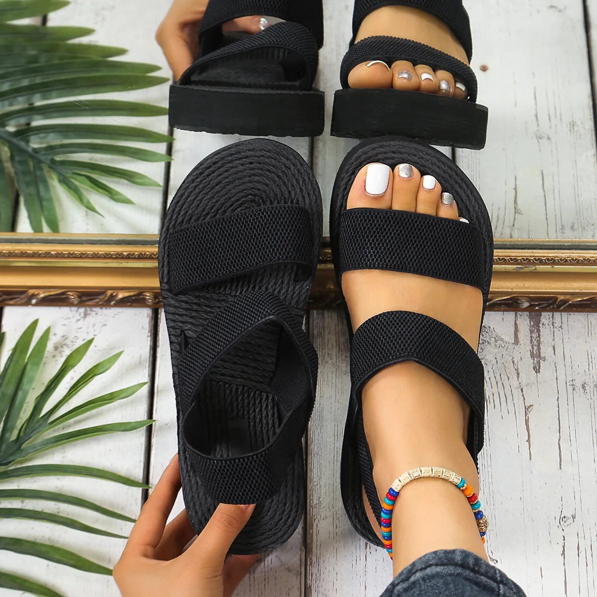 Women's Platform Wedge Sandals | Open Toe Slingback | Lightweight Thick Sole | Elastic Comfort Straps | Steven & Levon