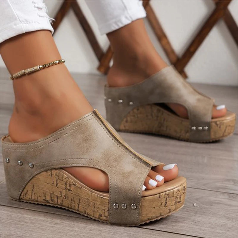 Women's Cork Platform Wedge Sandals | Peep Toe Slingback | Comfort Shoes | Steven & Levon