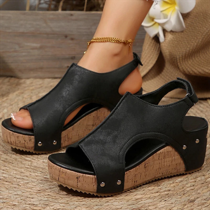 Women's Cork Platform Wedge Sandals | Peep Toe Slingback | Comfort Shoes | Steven & Levon