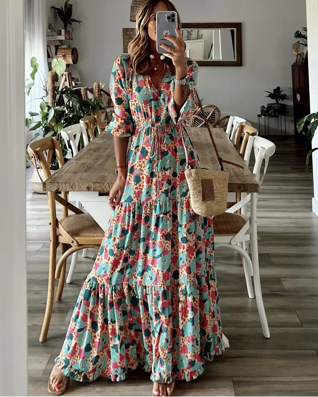 Maxi Dress | Women's Boho Floral Spaghetti Strap Dress | Side Split | Steven & Levon