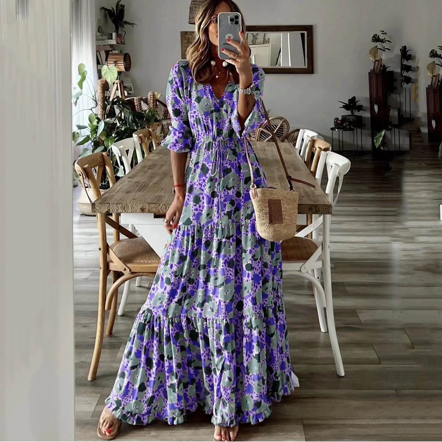 Maxi Dress | Women's Boho Floral Spaghetti Strap Dress | Side Split | Steven & Levon
