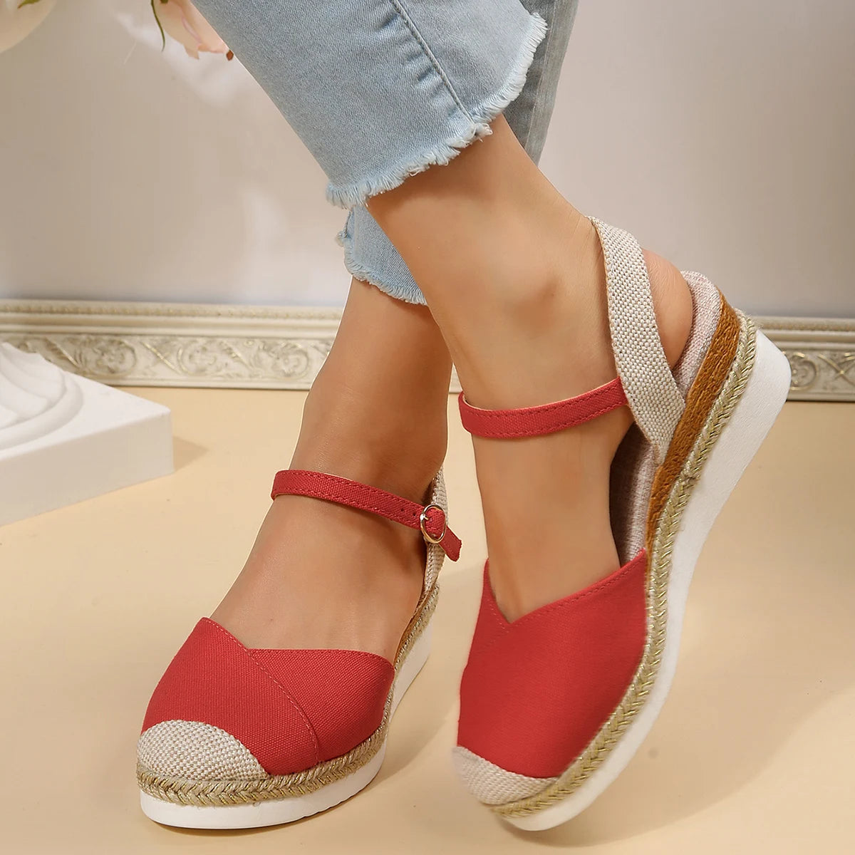 Women's Closed Toe Espadrille Wedge Sandals | Buckle Ankle Strap | Comfortable Casual Footwear | Steven & Levon