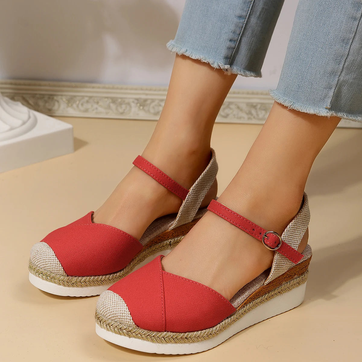 Women's Closed Toe Espadrille Wedge Sandals | Buckle Ankle Strap | Comfortable Casual Footwear | Steven & Levon