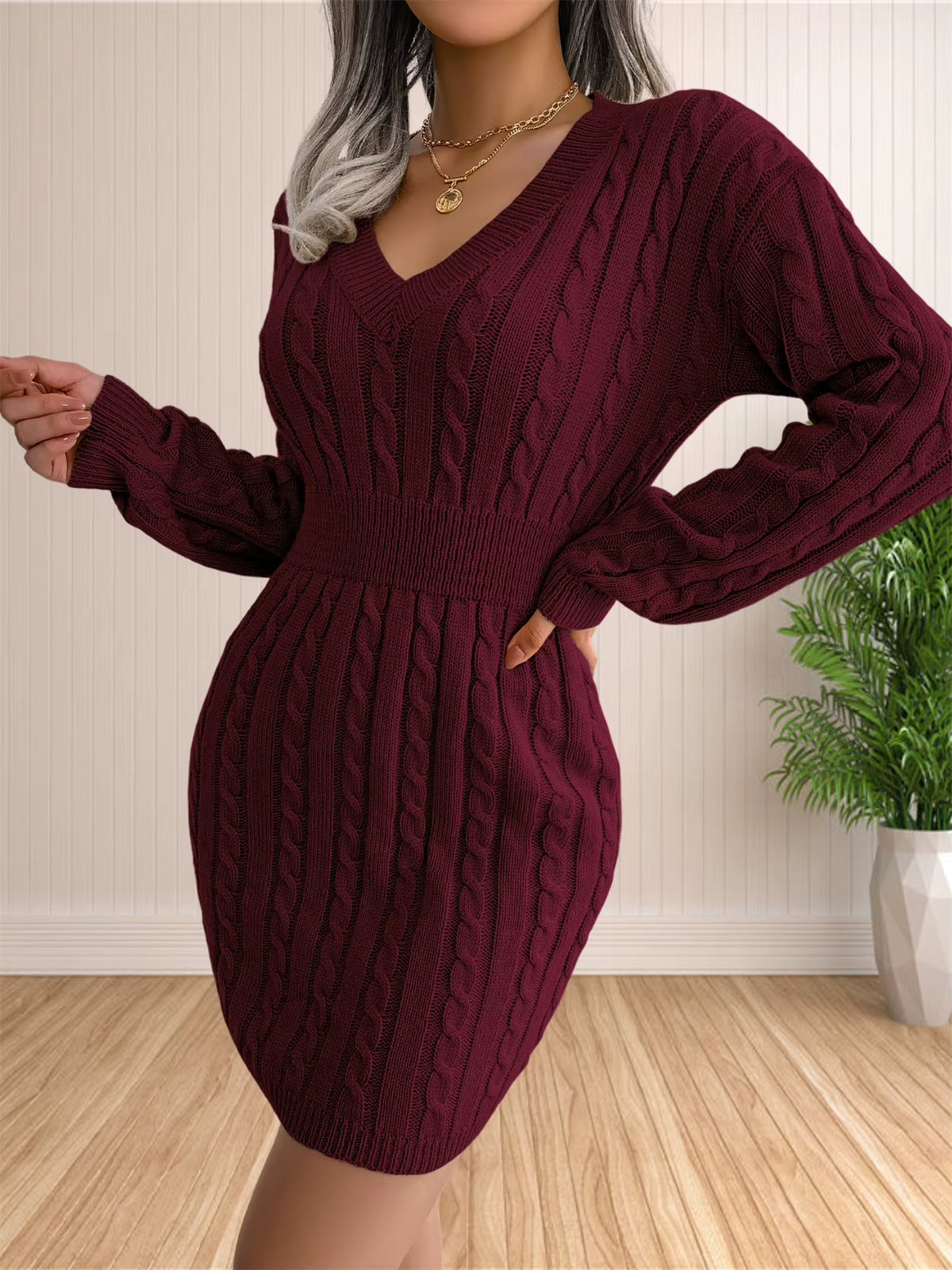 Women's Cable Knit Sweater Dress | V-Neck | Long Sleeve | Coffee | Casual Winter | Steven & Levon