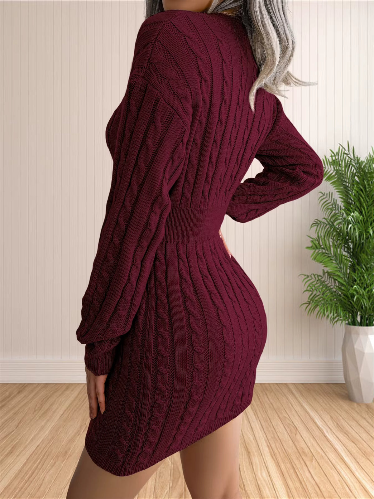 Women's Cable Knit Sweater Dress | V-Neck | Long Sleeve | Coffee | Casual Winter | Steven & Levon