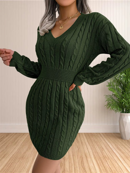Women's Cable Knit Sweater Dress | V-Neck | Long Sleeve | Coffee | Casual Winter | Steven & Levon