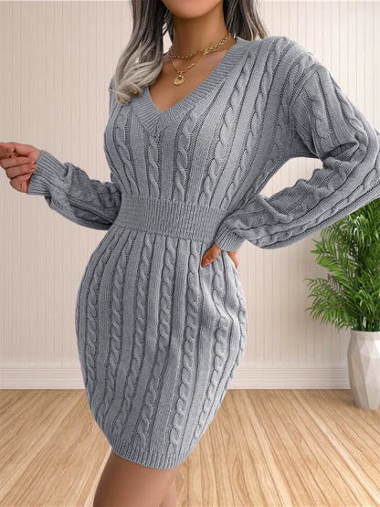 Women's Cable Knit Sweater Dress | V-Neck | Long Sleeve | Coffee | Casual Winter | Steven & Levon