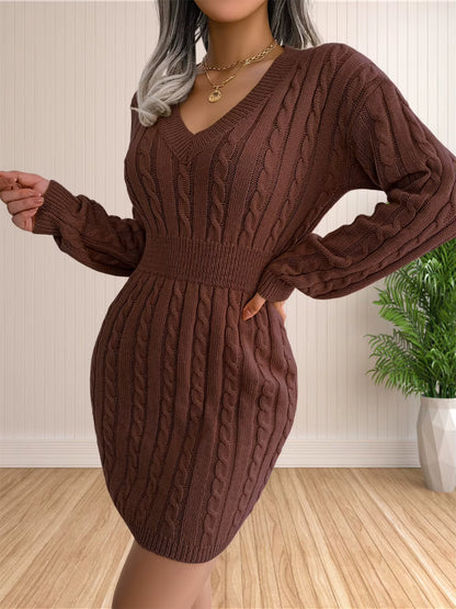 Women's Cable Knit Sweater Dress | V-Neck | Long Sleeve | Coffee | Casual Winter | Steven & Levon
