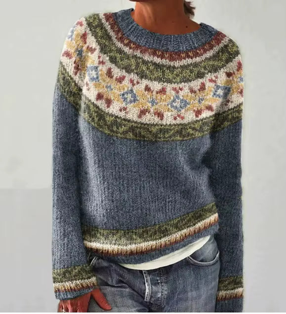Vintage Print Sweater | Womens Christmas Sweater | O Neck Knit | Long Sleeve Relaxed Fit | Steven & Levon