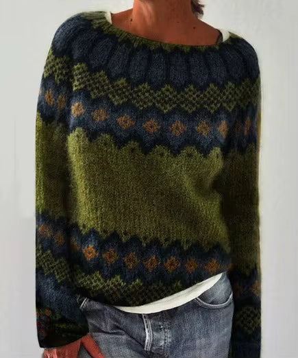 Vintage Print Sweater | Womens Christmas Sweater | O Neck Knit | Long Sleeve Relaxed Fit | Steven & Levon