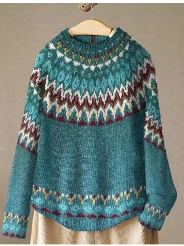 Vintage Print Sweater | Womens Christmas Sweater | O Neck Knit | Long Sleeve Relaxed Fit | Steven & Levon