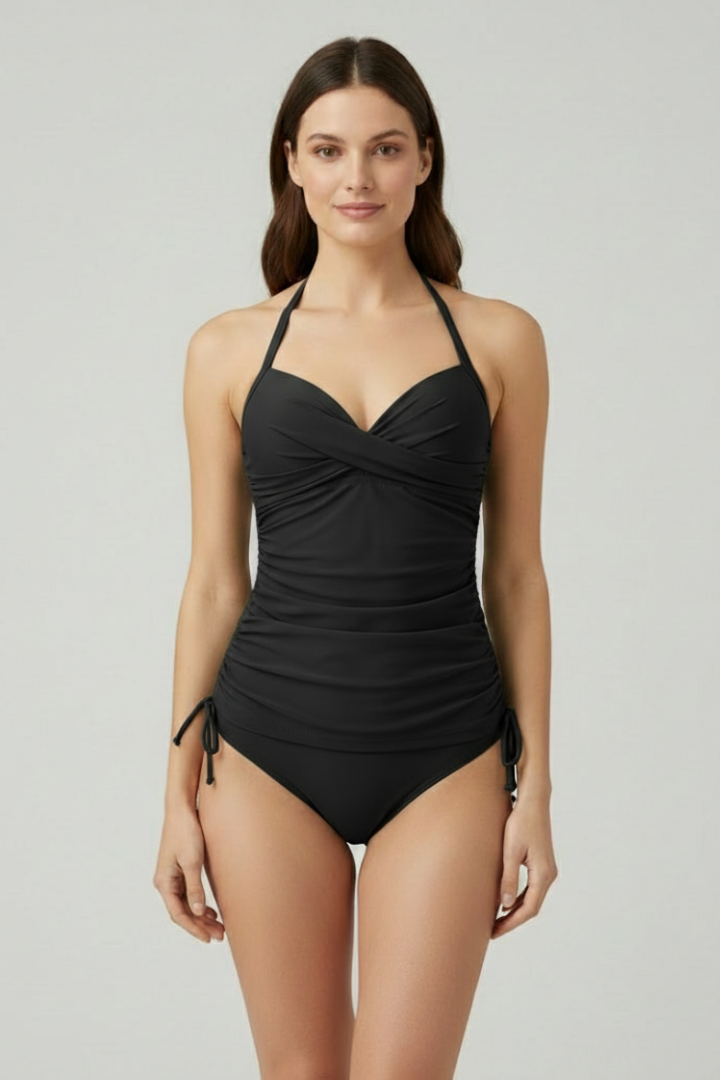 Ruched V Neck Tankini Swimsuit | Women | Soft Stretch Fabric | Tummy Control Two Piece | Steven & Levon