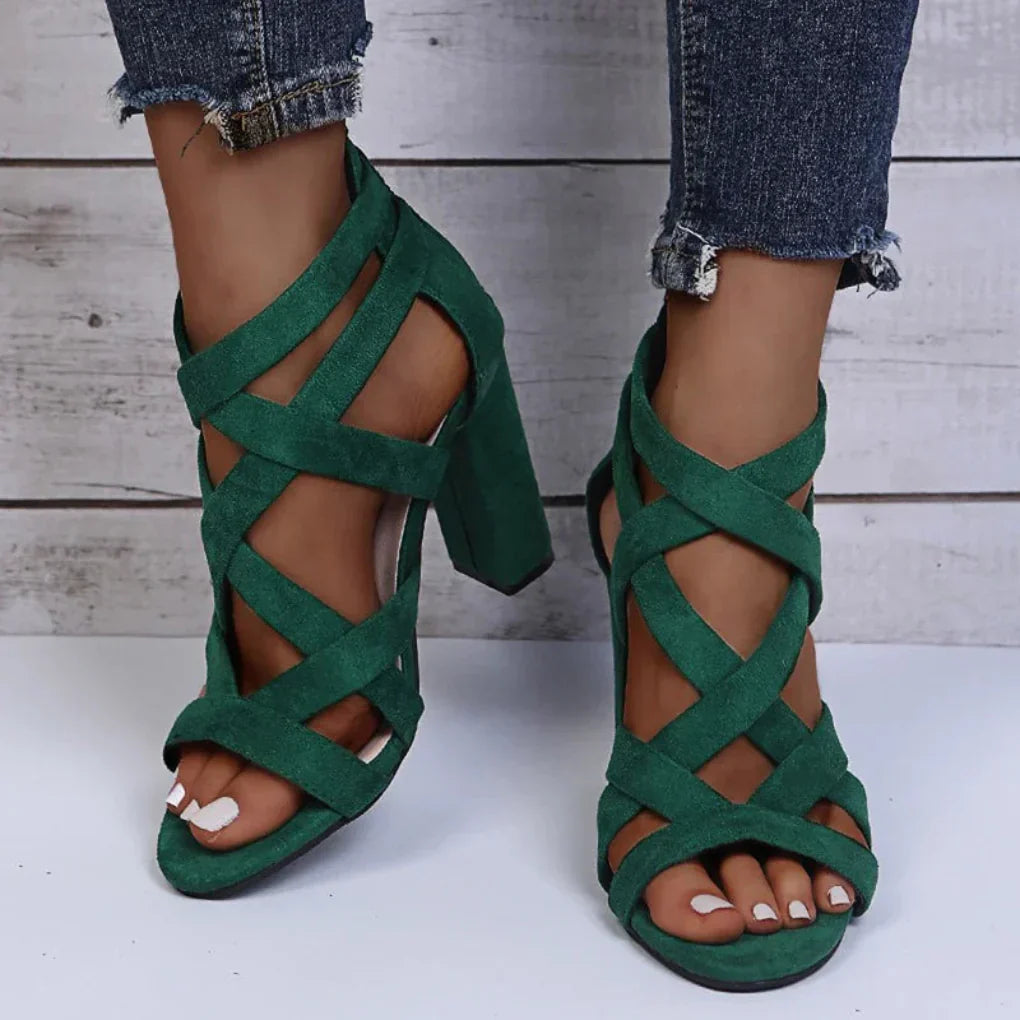 Women's Block Heel Cross Strap Sandals | Eco Leather | Adjustable Straps Elegant Dress Shoes | Steven & Levon