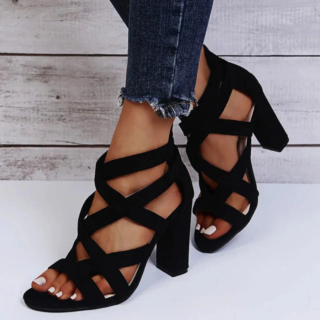 Women's Block Heel Cross Strap Sandals | Eco Leather | Adjustable Straps Elegant Dress Shoes | Steven & Levon