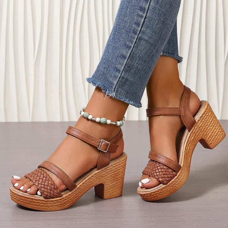Women's Braided Strap Block Heel Sandals | Women | Soft Fiber Blend | Braided Straps & Comfortable Block Heel | Steven & Levon