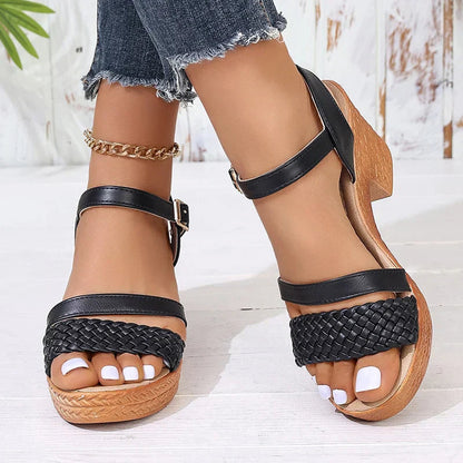 Women's Braided Strap Block Heel Sandals | Women | Soft Fiber Blend | Braided Straps & Comfortable Block Heel | Steven & Levon