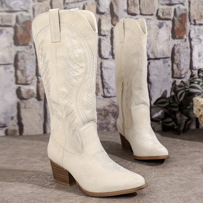 Cowboy Block Heel Boots for Women | Pointed Toe | Western Stitch Detail | Pull-On Style | Steven & Levon
