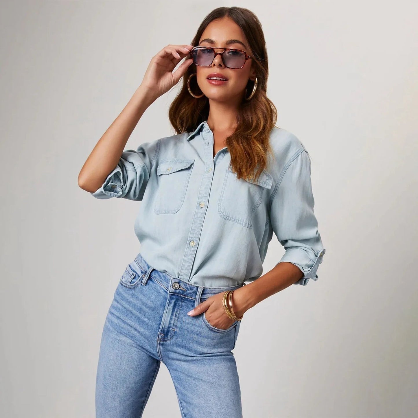 Women's Denim Blend Blouse Shirt | Denim Blouse Shirt | Sleeveless Collared Layering Top | Navy Blue | Steven & Levon