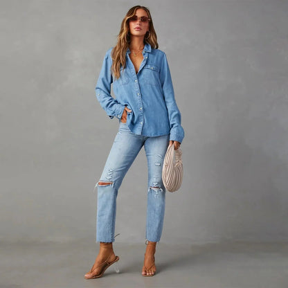 Women's Denim Blend Blouse Shirt | Denim Blouse Shirt | Sleeveless Collared Layering Top | Navy Blue | Steven & Levon