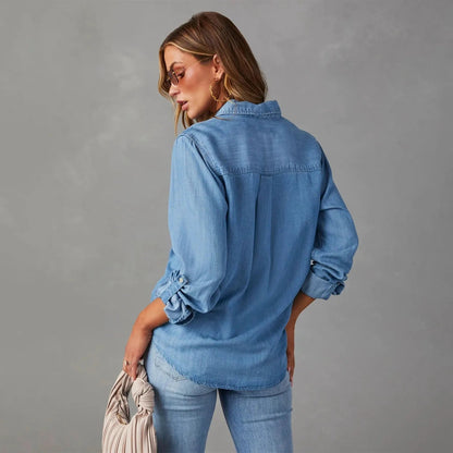 Women's Denim Blend Blouse Shirt | Denim Blouse Shirt | Sleeveless Collared Layering Top | Navy Blue | Steven & Levon