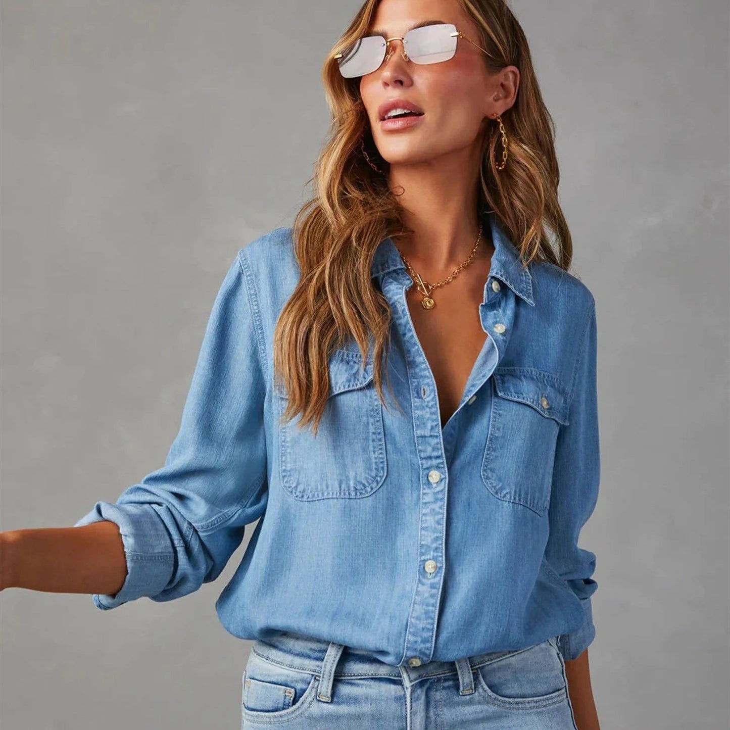 Women's Denim Blend Blouse Shirt | Denim Blouse Shirt | Sleeveless Collared Layering Top | Navy Blue | Steven & Levon