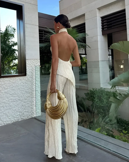 Women's Halter Backless Plissé Jumpsuit | Wide Leg | Elegant Fit | Steven & Levon