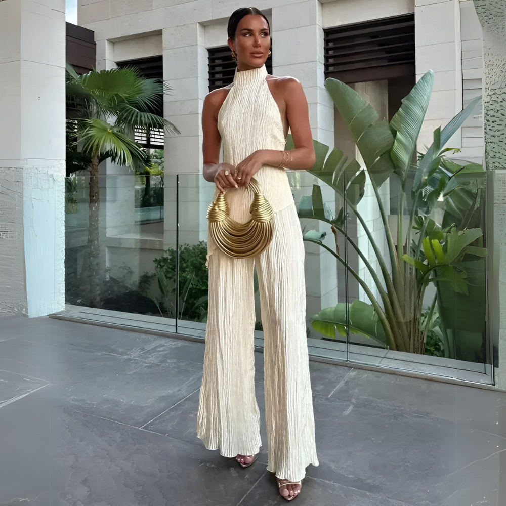 Women's Halter Backless Plissé Jumpsuit | Wide Leg | Elegant Fit | Steven & Levon