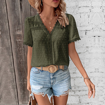 Caroline Lace Blouse | Women’s V-Neck Top | Lace Fabric | Short Sleeve Elegant Casual Wear | Steven & Levon