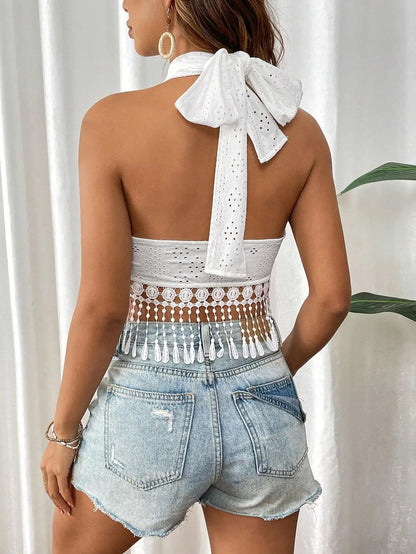Women's Lace Fringed Halter Top | Halter Neck Top | Fringe Trim Sleeveless Summer Top | Steven & Levon