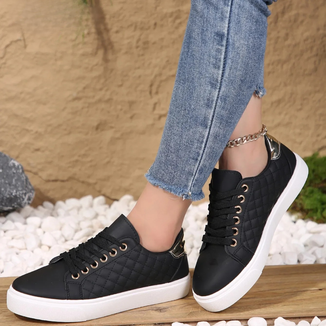Women's Quilted Lace-Up Sneakers | Eco Leather | Cushioned Lightweight Casual Shoes | Steven & Levon