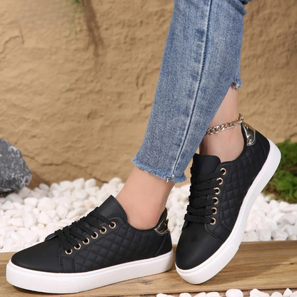 Women's Quilted Lace-Up Sneakers | Eco Leather | Cushioned Lightweight Casual Shoes | Steven & Levon