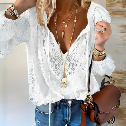Women's Lace V-Neck Blouse | Women's Blouse | Synthetic Lace Fabric | Long Sleeve Tie Neck Regular Fit Top | Steven & Levon