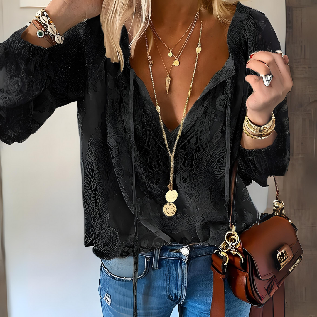 Women's Lace V-Neck Blouse | Women's Blouse | Synthetic Lace Fabric | Long Sleeve Tie Neck Regular Fit Top | Steven & Levon