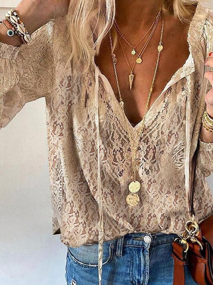Women's Lace V-Neck Blouse | Women's Blouse | Synthetic Lace Fabric | Long Sleeve Tie Neck Regular Fit Top | Steven & Levon