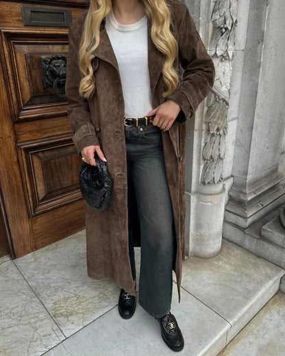 Women's Long Suede Trench Coat | Winter Coat | Faux Suede | Longline Belted Overcoat | Steven & Levon