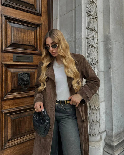 Women's Long Suede Trench Coat | Winter Coat | Faux Suede | Longline Belted Overcoat | Steven & Levon