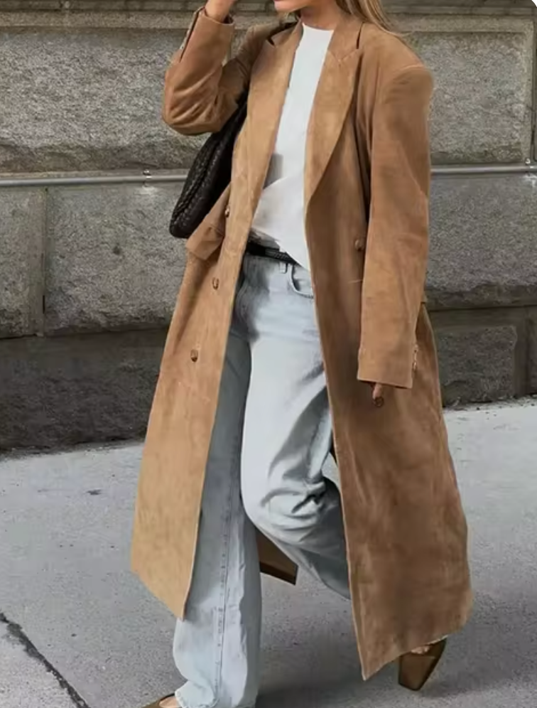 Women's Long Suede Trench Coat | Winter Coat | Faux Suede | Longline Belted Overcoat | Steven & Levon