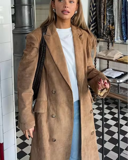 Women's Long Suede Trench Coat | Winter Coat | Faux Suede | Longline Belted Overcoat | Steven & Levon