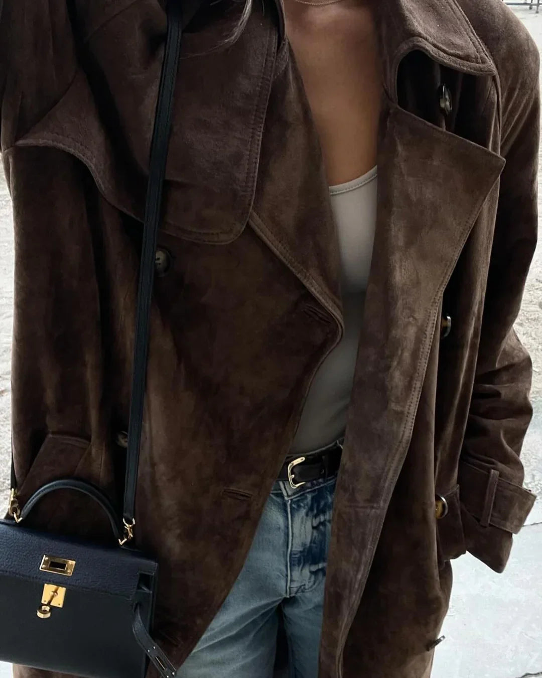 Women's Long Suede Trench Coat | Winter Coat | Faux Suede | Longline Belted Overcoat | Steven & Levon
