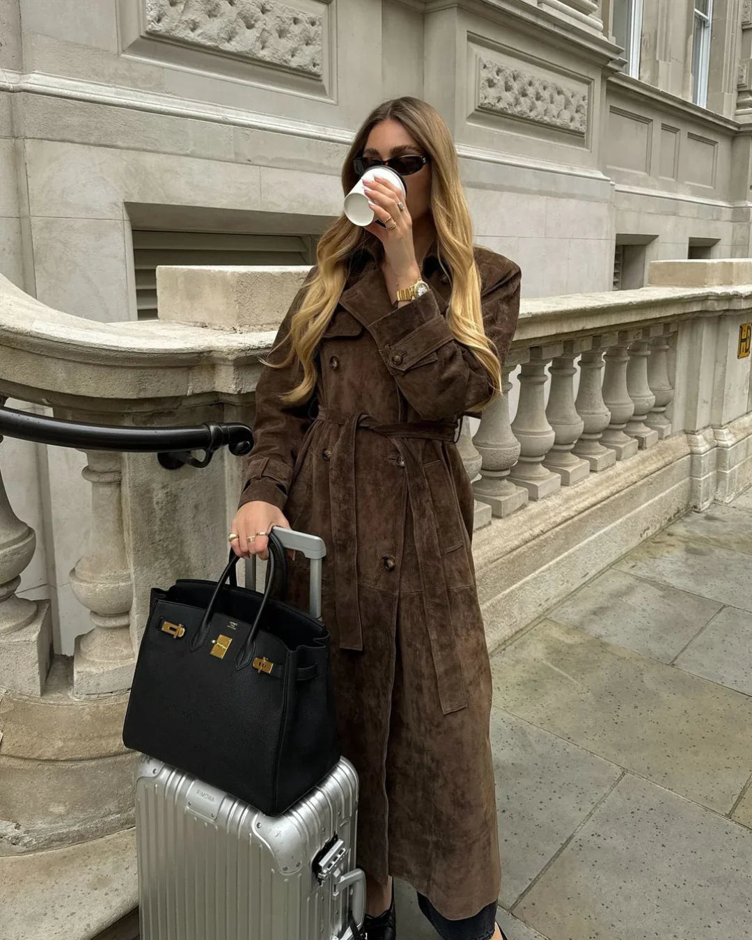 Women's Long Suede Trench Coat | Winter Coat | Faux Suede | Longline Belted Overcoat | Steven & Levon